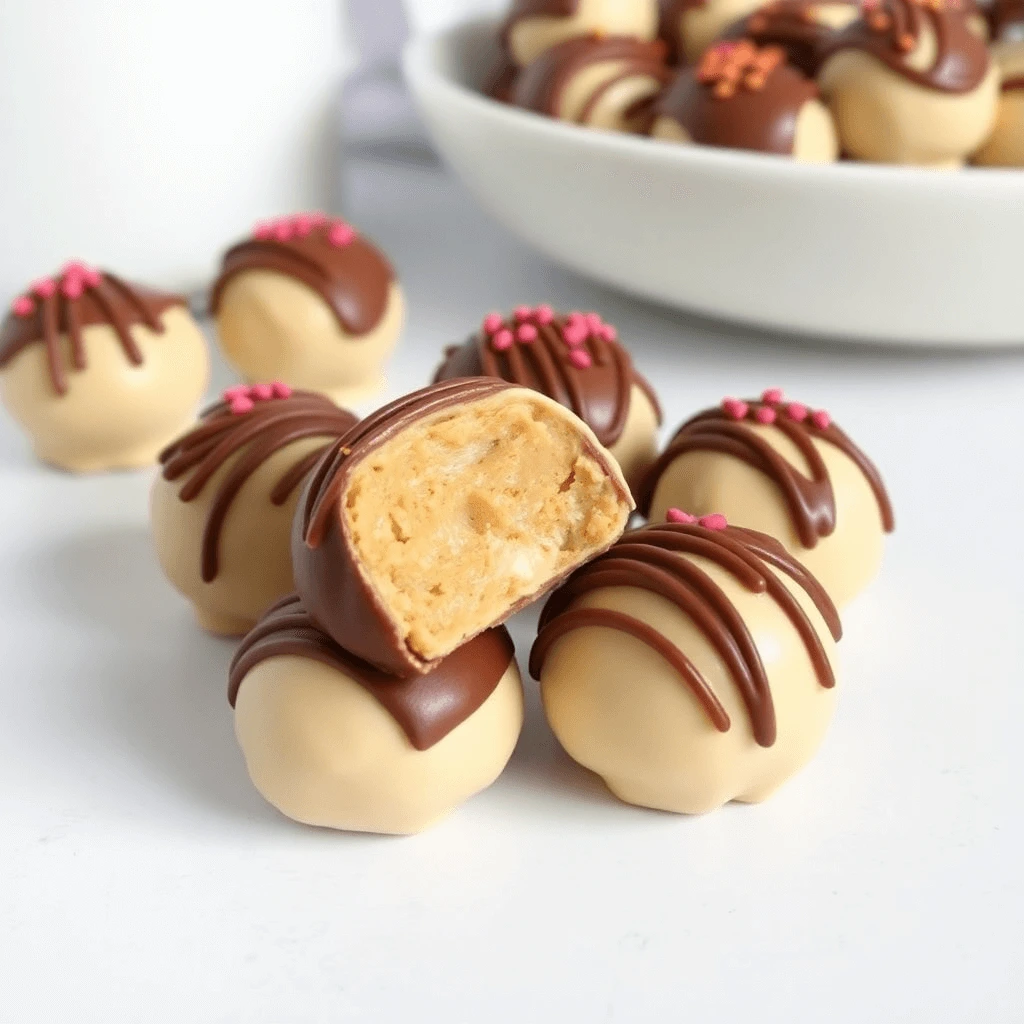 Easy peanut butter balls coated in chocolate and sprinkled with crushed nuts, displayed on a marble counter.