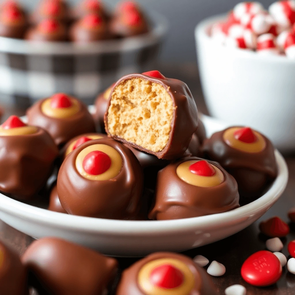 Close-up of homemade Buckeye peanut butter balls dipped in chocolate, with a creamy peanut butter center and a red candy on top.