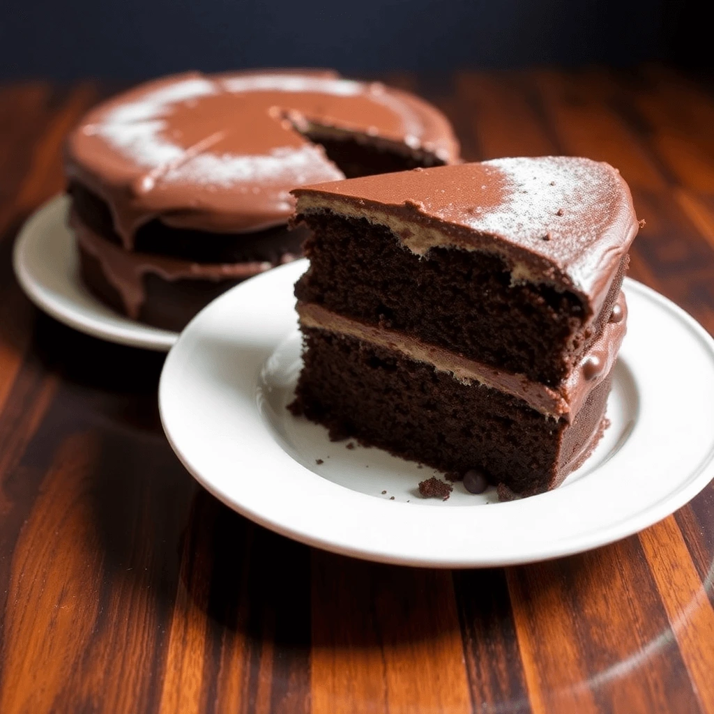 A rich, moist Baker’s German Chocolate Cake with two layers, covered in chocolate frosting and dusted with powdered sugar, served on a white plate.