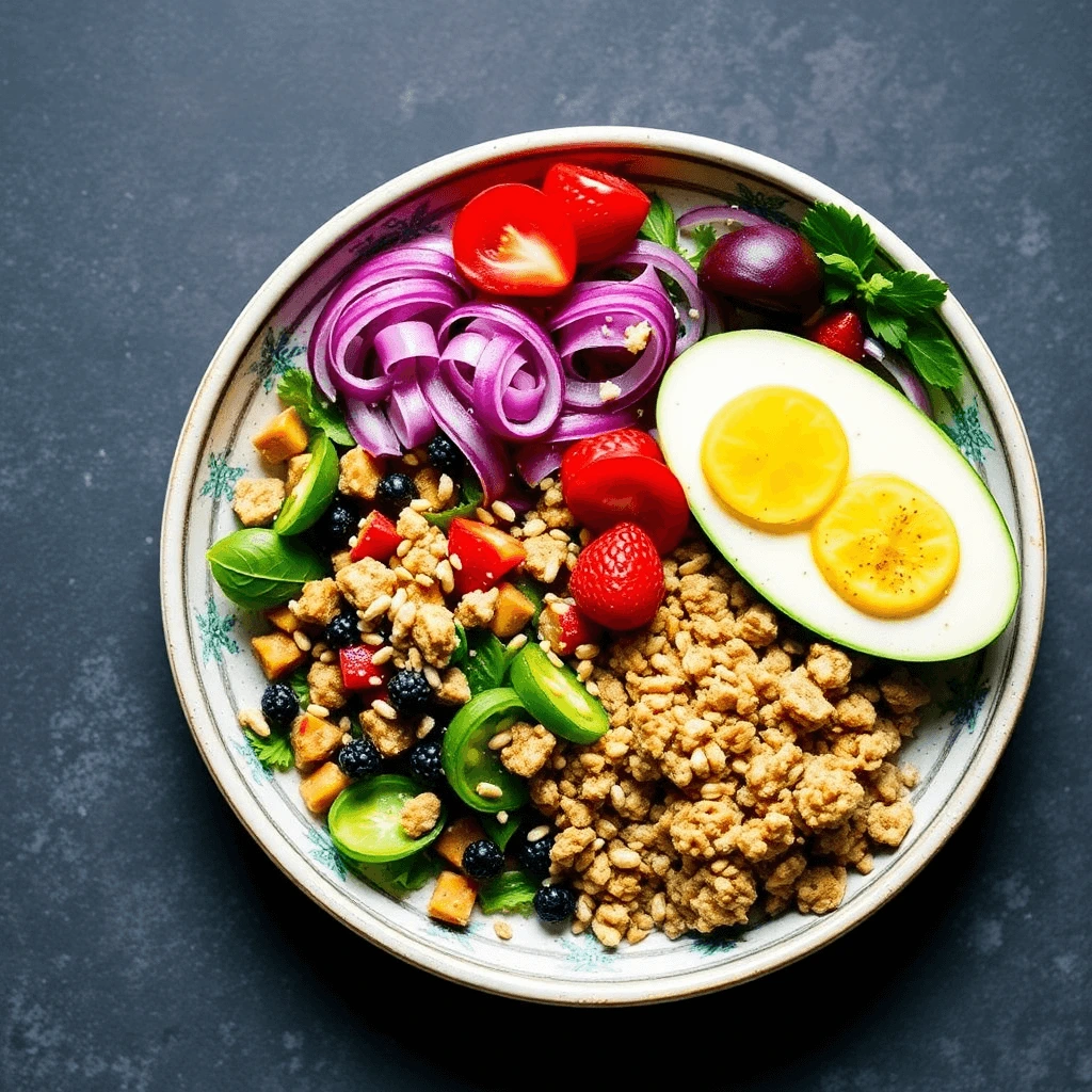 A vibrant vegan lunch bowl with fresh vegetables, plant-based protein crumbles, and colorful toppings.