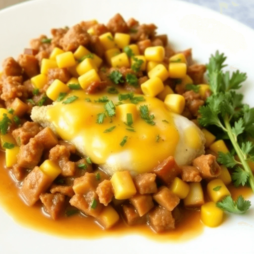 Delicious canned corned beef breakfast served with vegetables, no potatoes