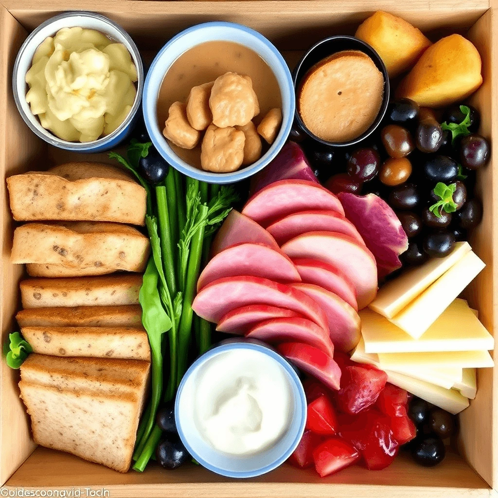 A portable charcuterie lunch box featuring an assortment of cheeses, cured meats, vegetables, fruits, and crackers, ideal for the office.