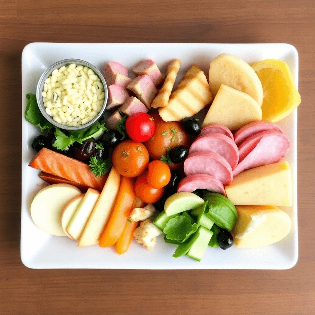 A vibrant charcuterie lunch box featuring a variety of sliced cheeses, meats, fresh vegetables, fruits, and a small container of creamy dip.