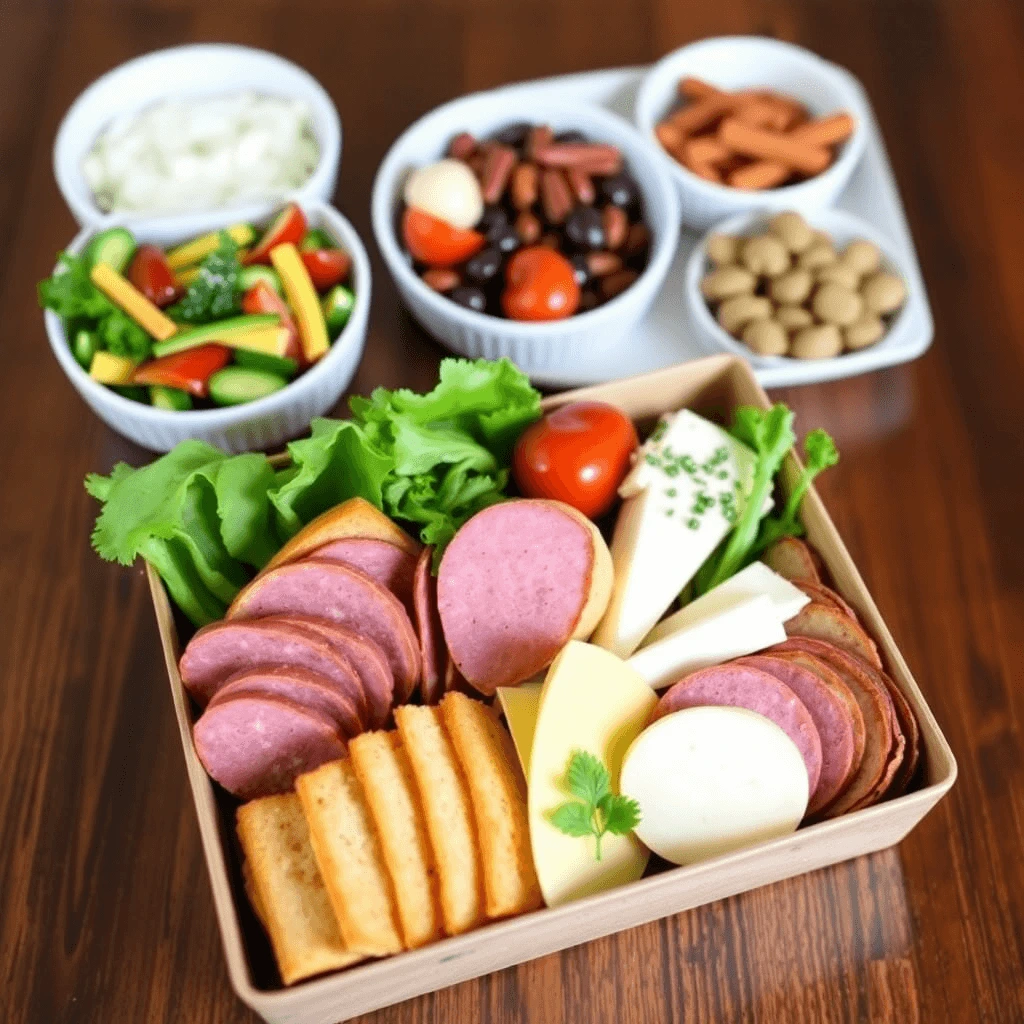 A beautifully arranged charcuterie board featuring a variety of cheeses, cured meats, fruits, nuts, and crackers.