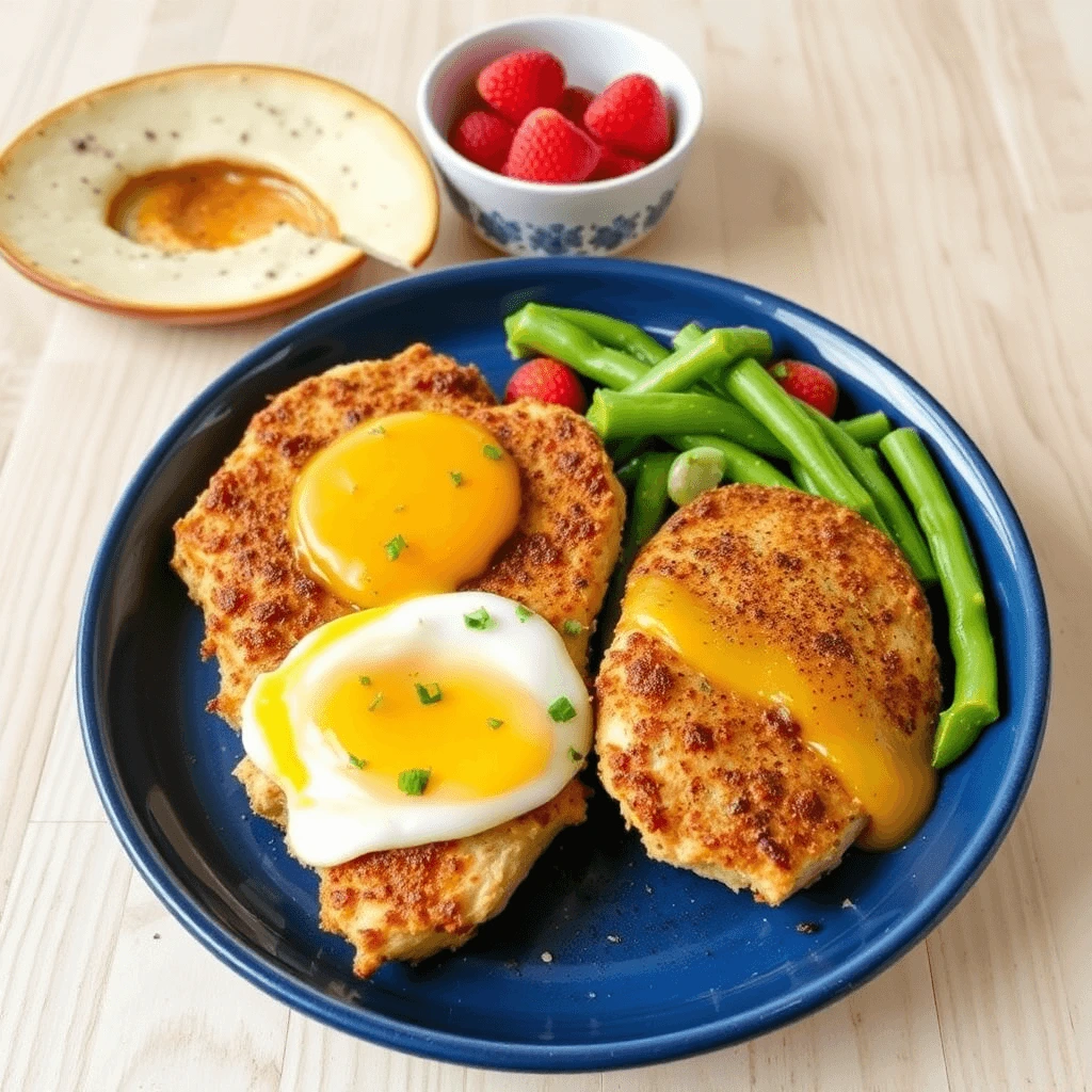 Protein-packed chicken patties topped with sunny-side-up eggs, served with green beans and fresh raspberries on a blue plate.