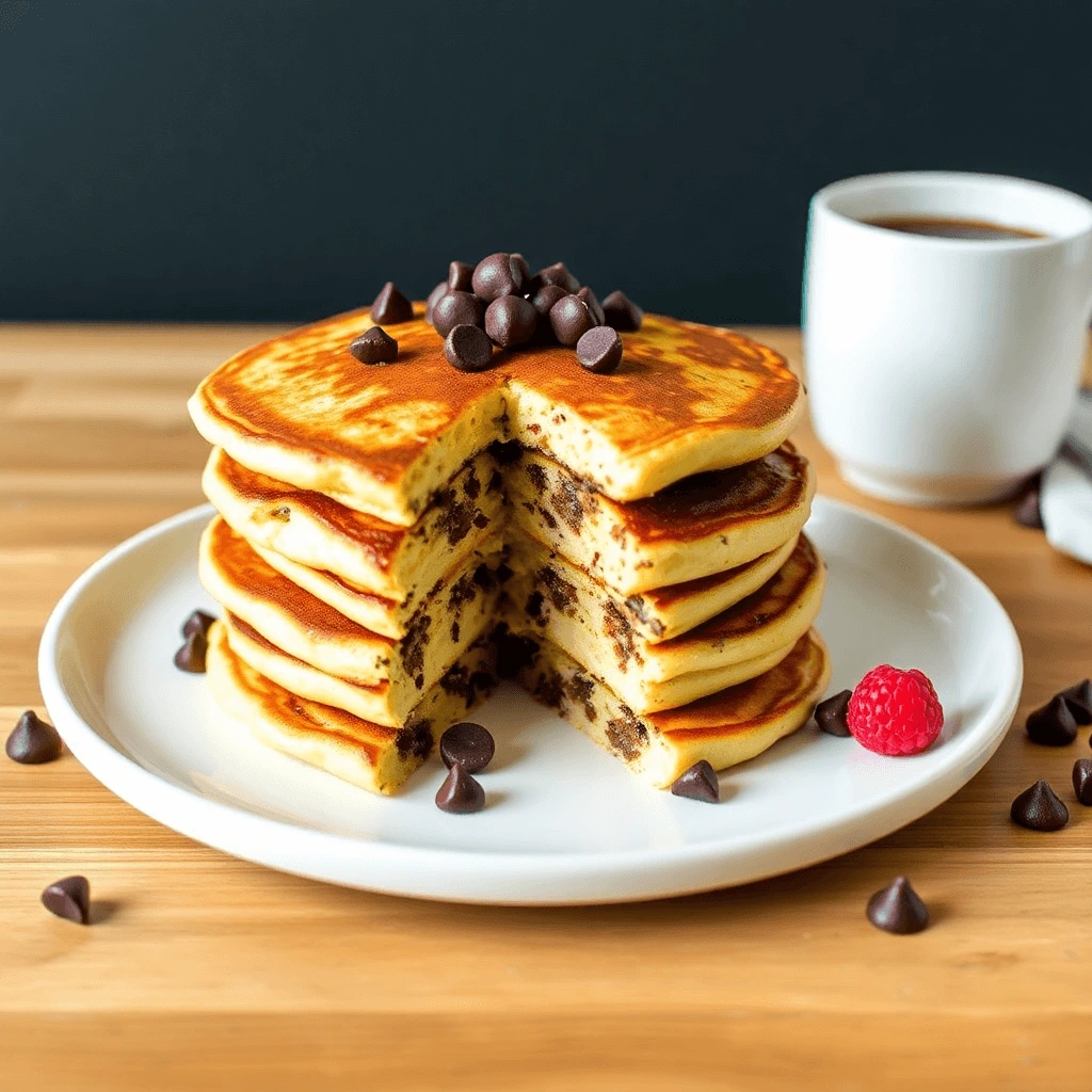 Stack of fluffy chocolate chip pancakes drizzled with maple syrup and garnished with fresh berries.