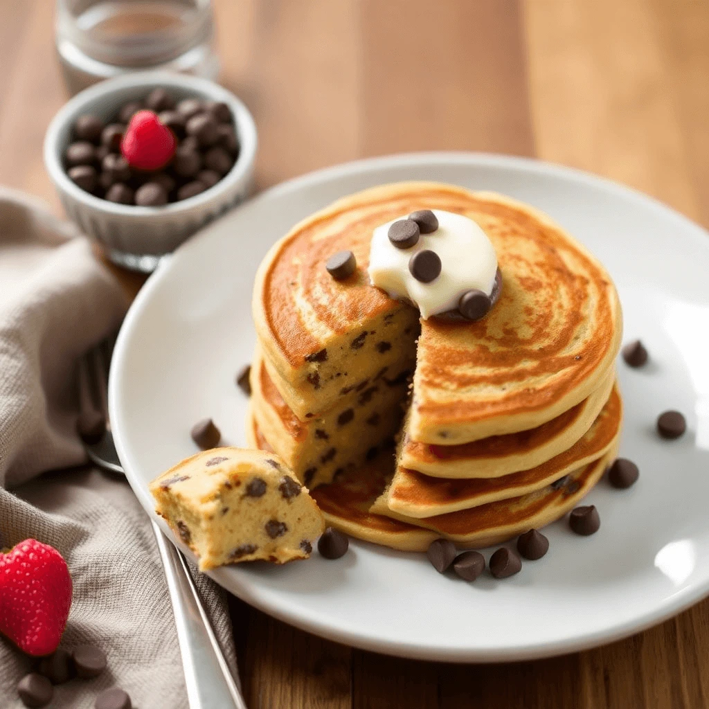 Delicious homemade chocolate chip pancakes served with syrup and butter.