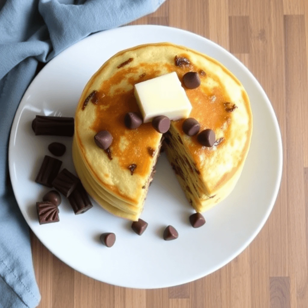 Delicious homemade chocolate chip pancakes stacked high with melted chocolate drizzled on top and a dusting of powdered sugar.