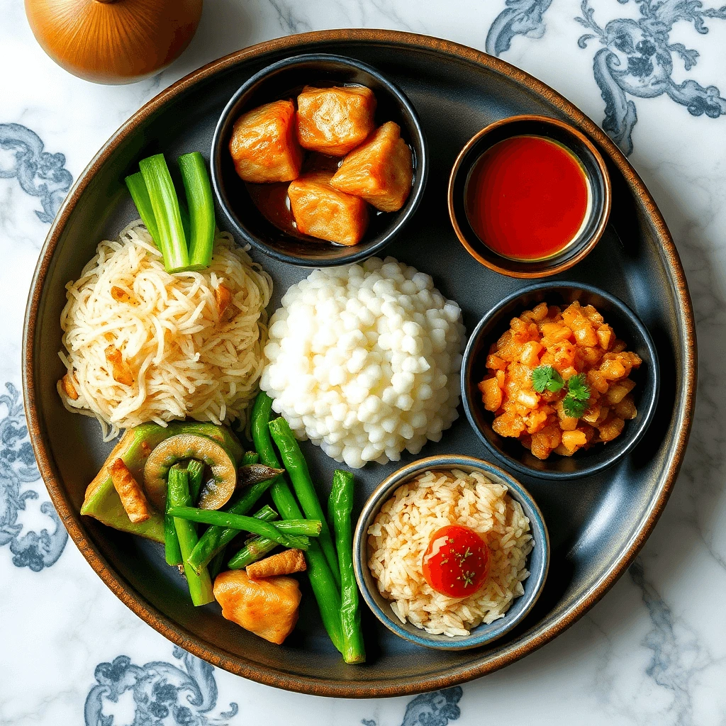 Deliciously plated easy oriental dishes including stir-fried vegetables, dumplings, and sushi rolls.