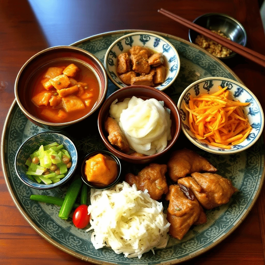 A beautifully arranged platter of authentic oriental dishes, featuring noodles, stir-fried vegetables, dumplings, soup, and sauces, served on traditional Asian-style bowls and a decorative plate.