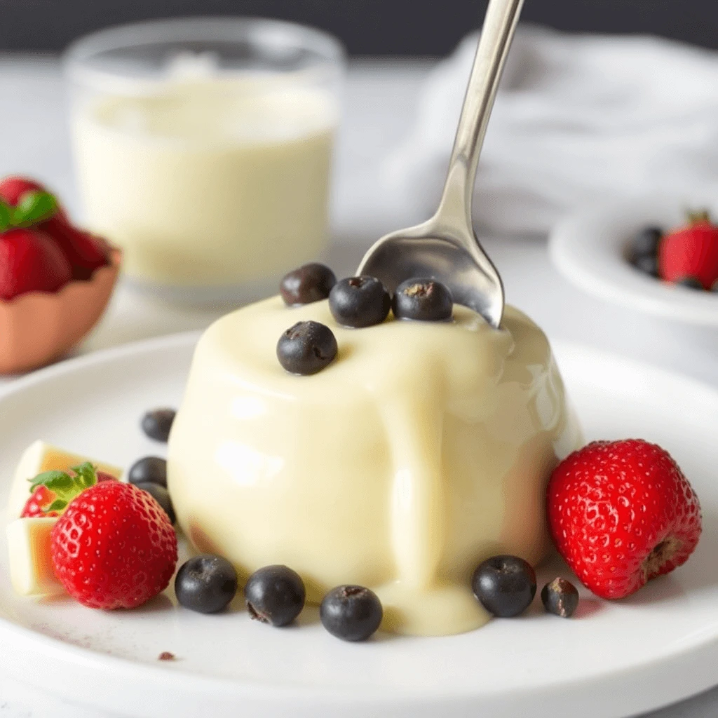 A creamy white chocolate ganache dessert topped with fresh blueberries, served on a white plate with strawberries and white chocolate pieces on the side.