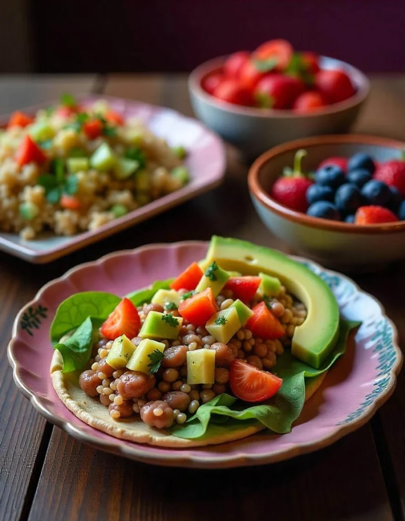 An assortment of gluten-free lunch recipes, including salads, wraps, bowls with fresh vegetables, and hearty grains, served on a rustic wooden table.