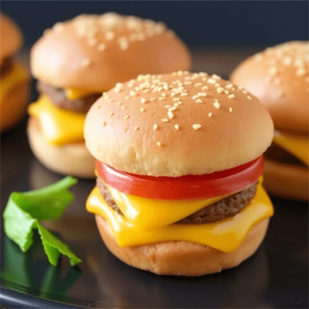 Mini Big Mac cheeseburgers with melted cheese, a juicy beef patty, fresh tomato, and sesame seed buns, served on a black plate.