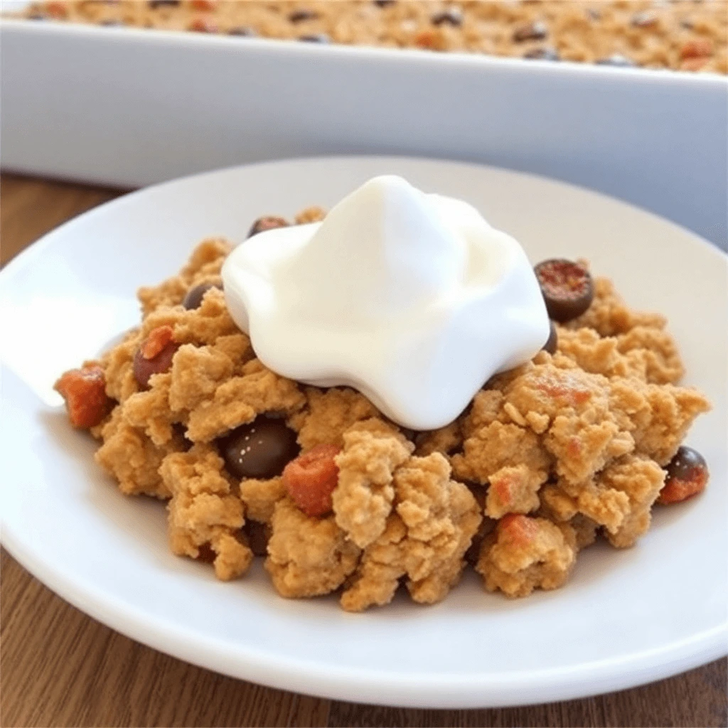 A serving of baked oatmeal topped with a dollop of whipped cream on a white plate, with a baking dish of oatmeal in the background.