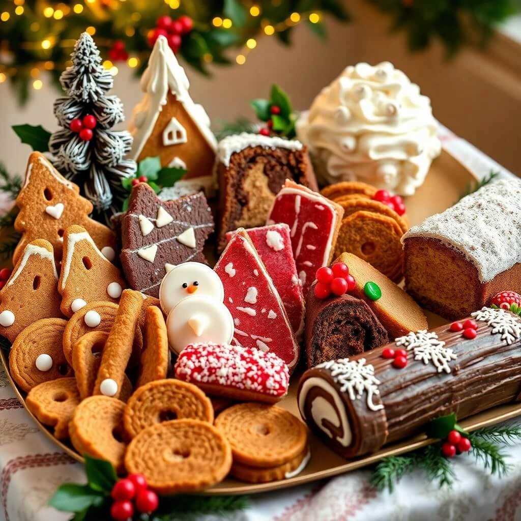 A beautifully arranged platter of assorted holiday desserts including gingerbread cookies, peppermint bark, and a chocolate yule log.