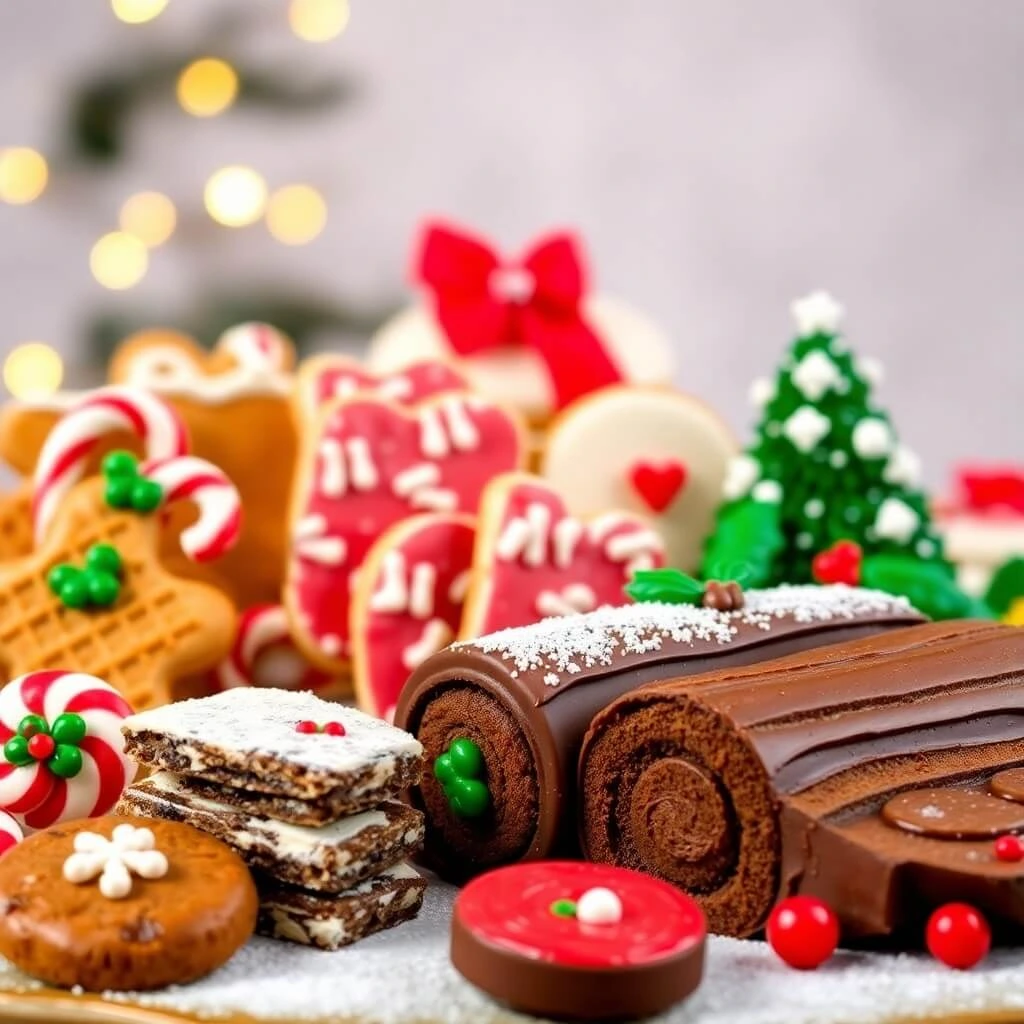 An assortment of festive holiday desserts including gingerbread cookies, peppermint bark, and a chocolate yule log.