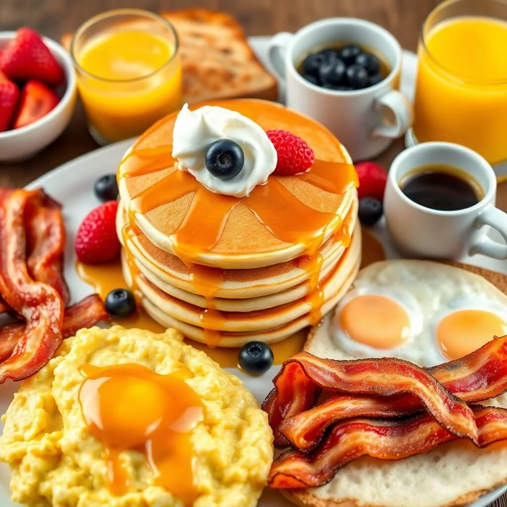 A hearty breakfast plate with pancakes topped with whipped cream and berries, crispy bacon, scrambled eggs, sunny-side-up eggs, and sides of coffee, orange juice, and fresh fruit.