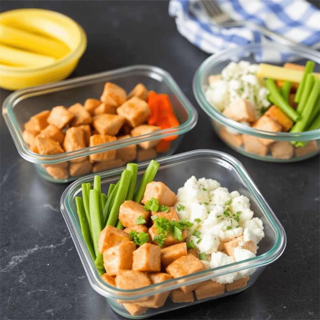 Colorful healthy meal prep containers filled with quinoa, vegetables, grilled chicken, and fresh fruits.