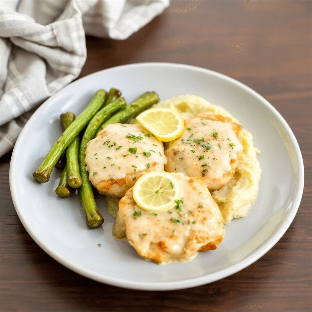 Pan-seared Lemon Chicken Piccata with capers, garnished with fresh parsley, served on a white plate.