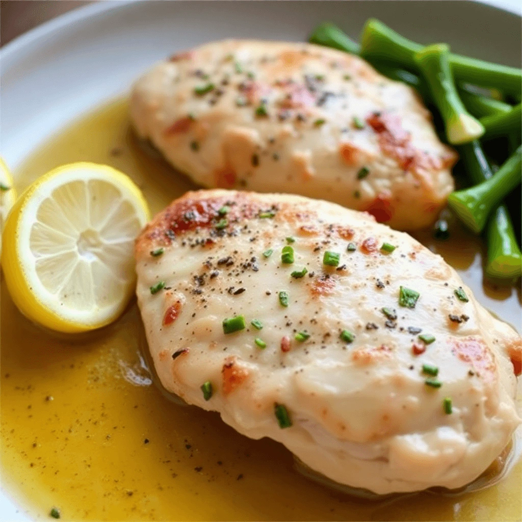 Golden-brown chicken breasts served in a tangy lemon butter sauce with a side of fresh green beans and a lemon wedge.