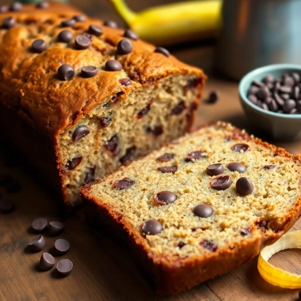 Freshly baked banana bread with a golden crust and ripe banana slices on top.