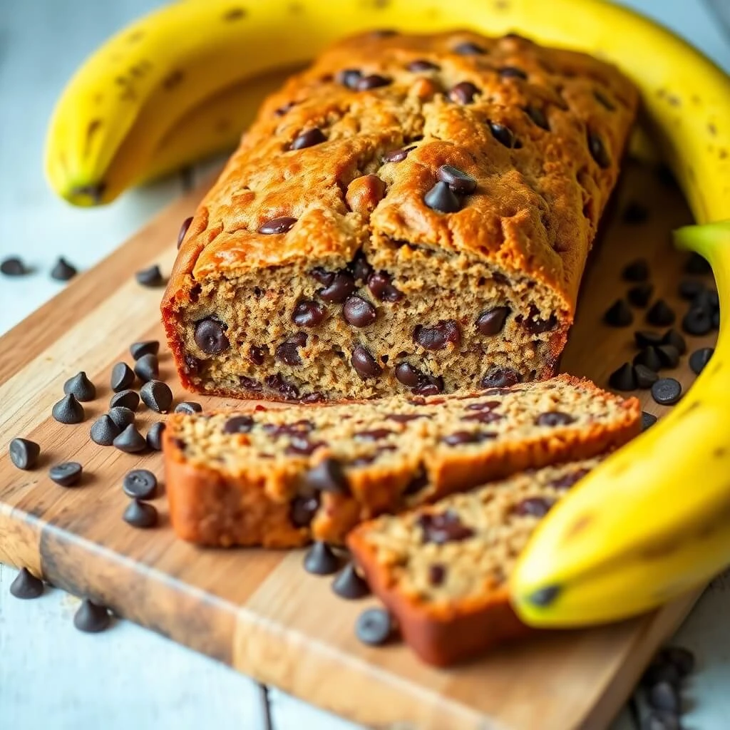 A loaf of freshly baked banana bread on a wooden cutting board, sliced to show its moist interior, with bananas and walnuts in the background.