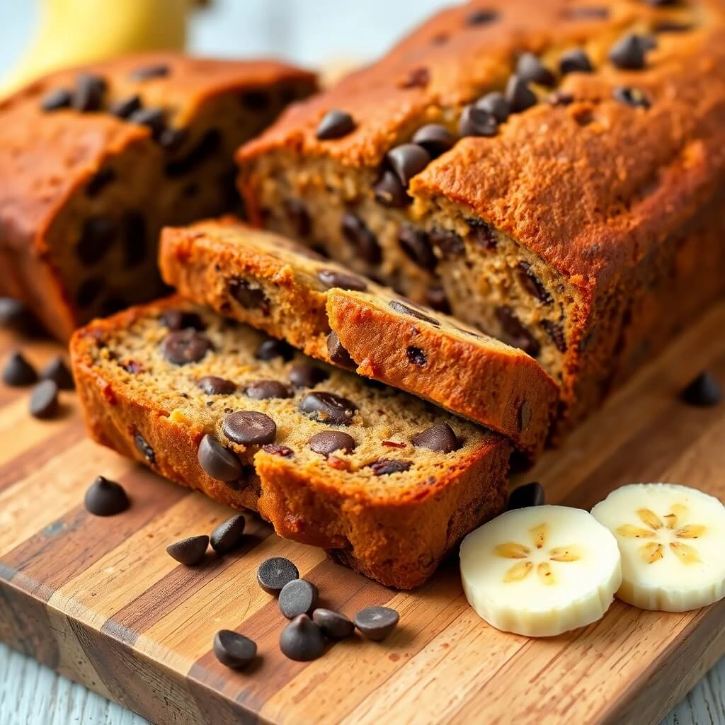 Sliced loaf of chocolate chip banana bread on a wooden cutting board, with chocolate chips and banana slices.