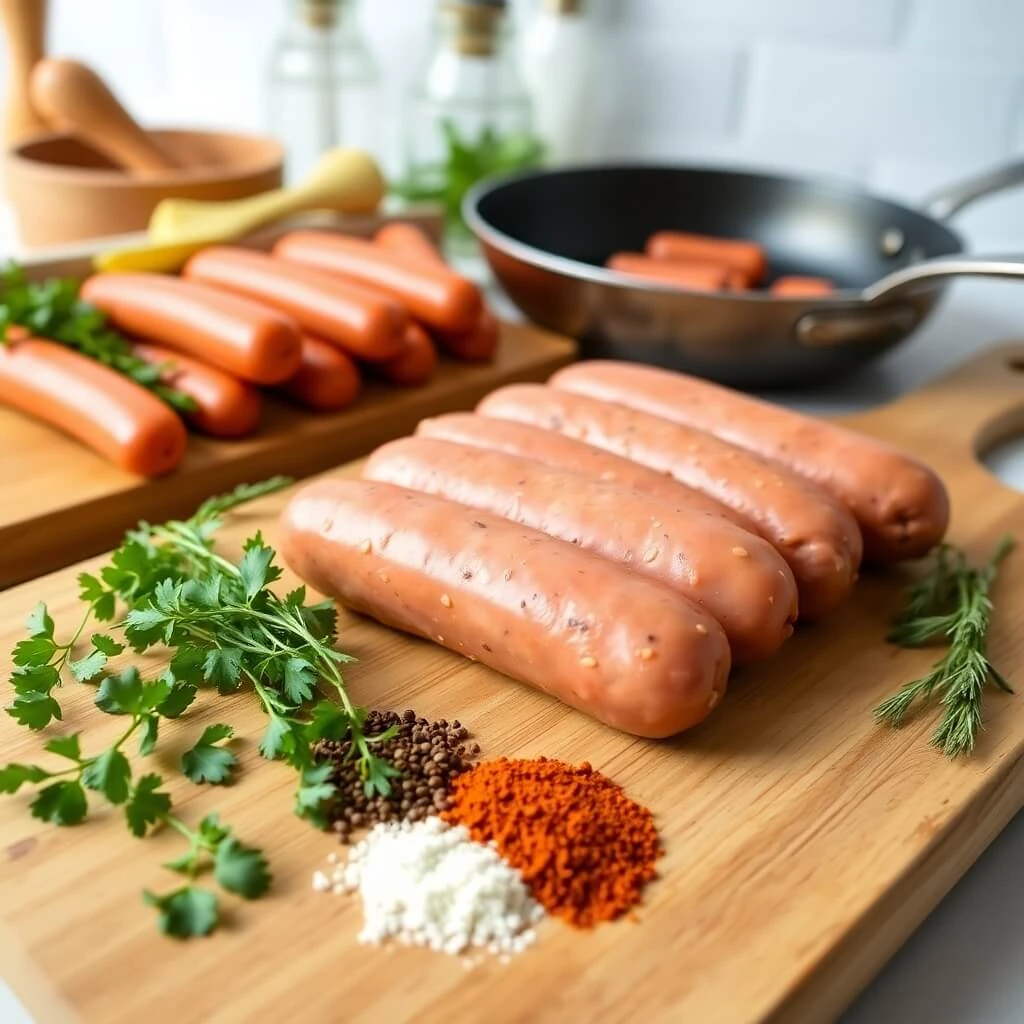 Homemade breakfast sausages with fresh herbs and spices on a wooden cutting board.