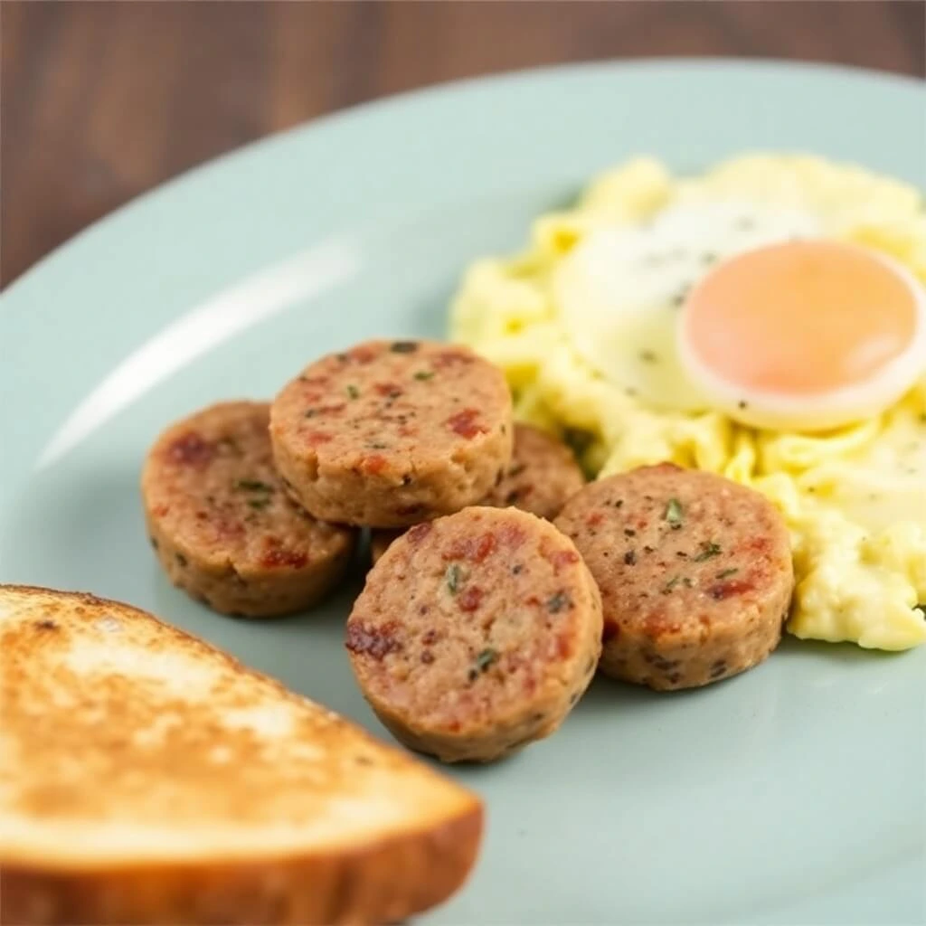 Homemade breakfast sausage links arranged on a wooden cutting board, garnished with fresh herbs.