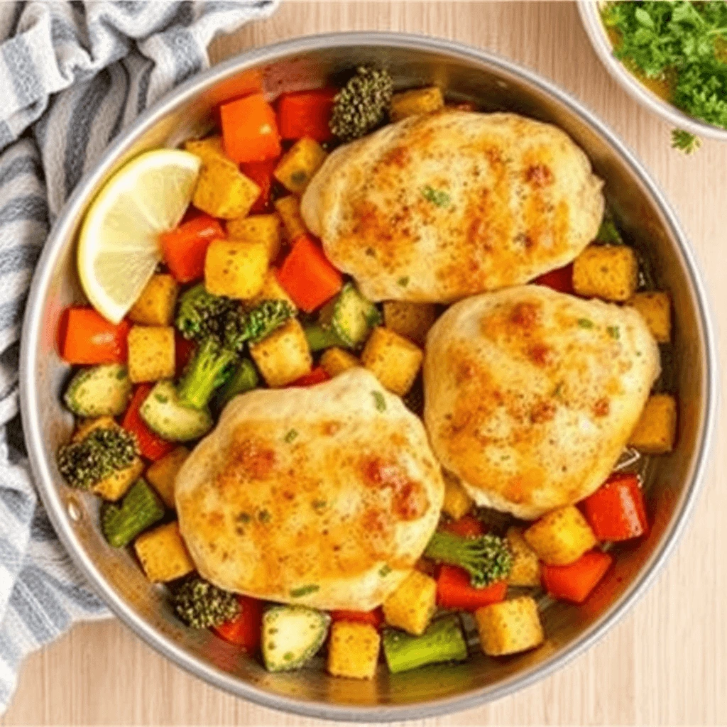 A plate of grilled chicken breast served with steamed vegetables and quinoa.