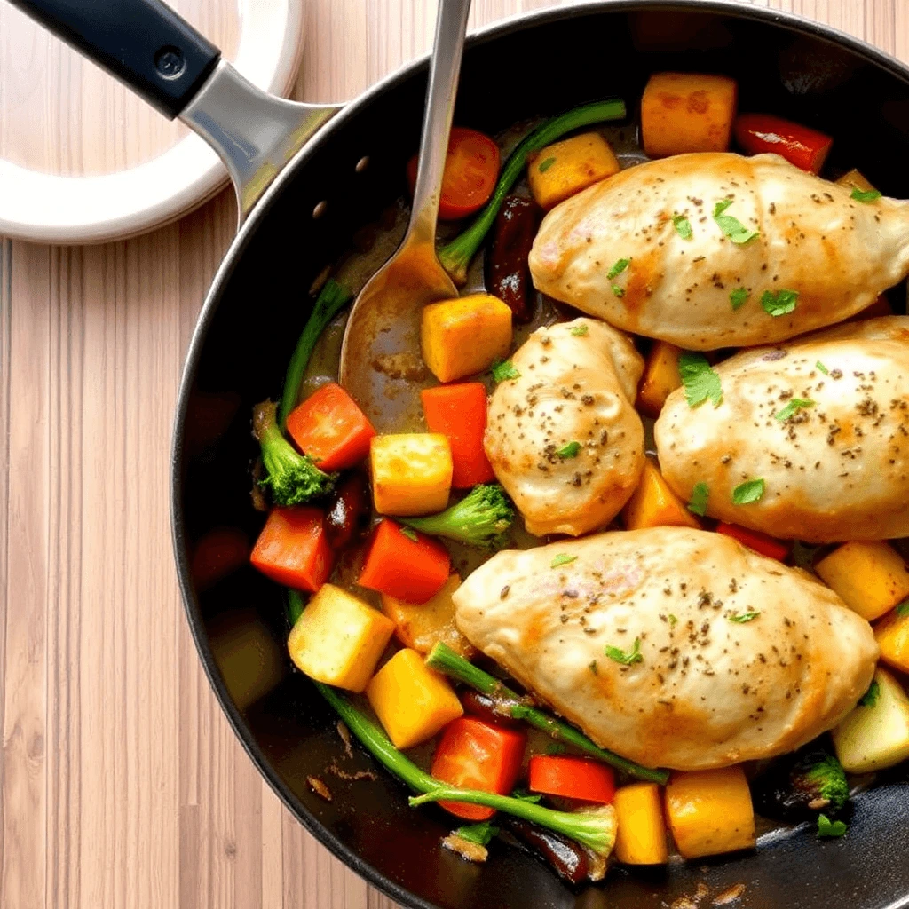 A pan filled with baked chicken breasts and colorful vegetables including carrots, broccoli, and squash, garnished with fresh herbs.