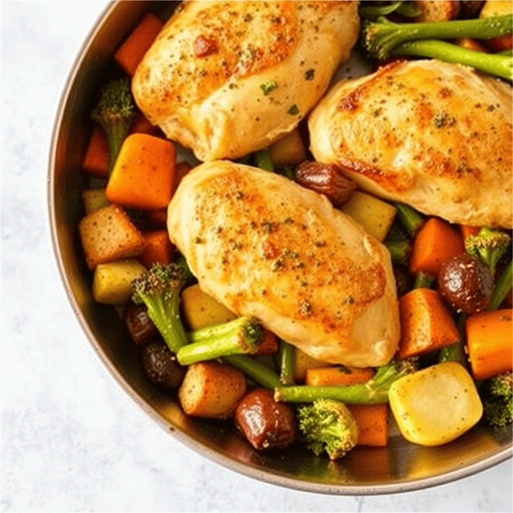 A colorful plate of sautéed chicken and mixed vegetables, garnished with fresh herbs.