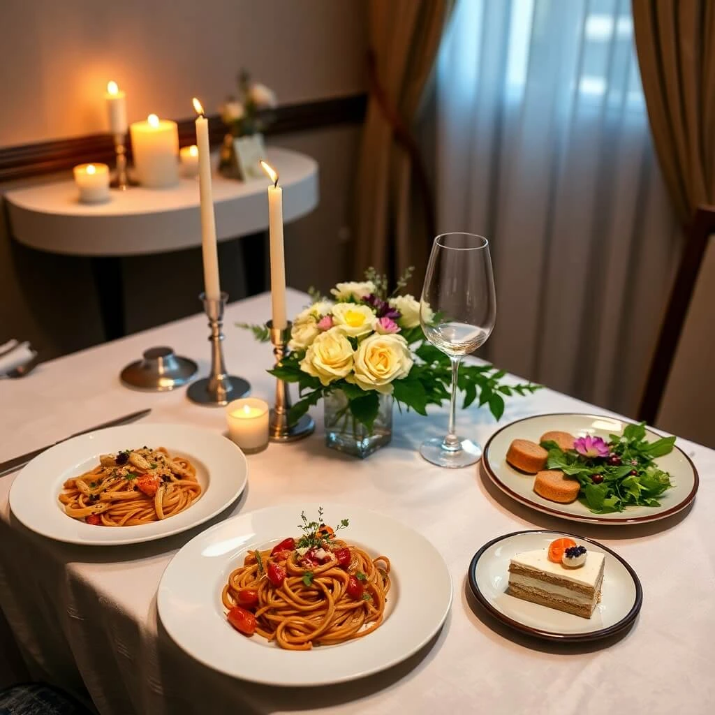 Romantic dinner table setup with pasta dishes, salad, dessert, wine glass, candles, and floral arrangement.