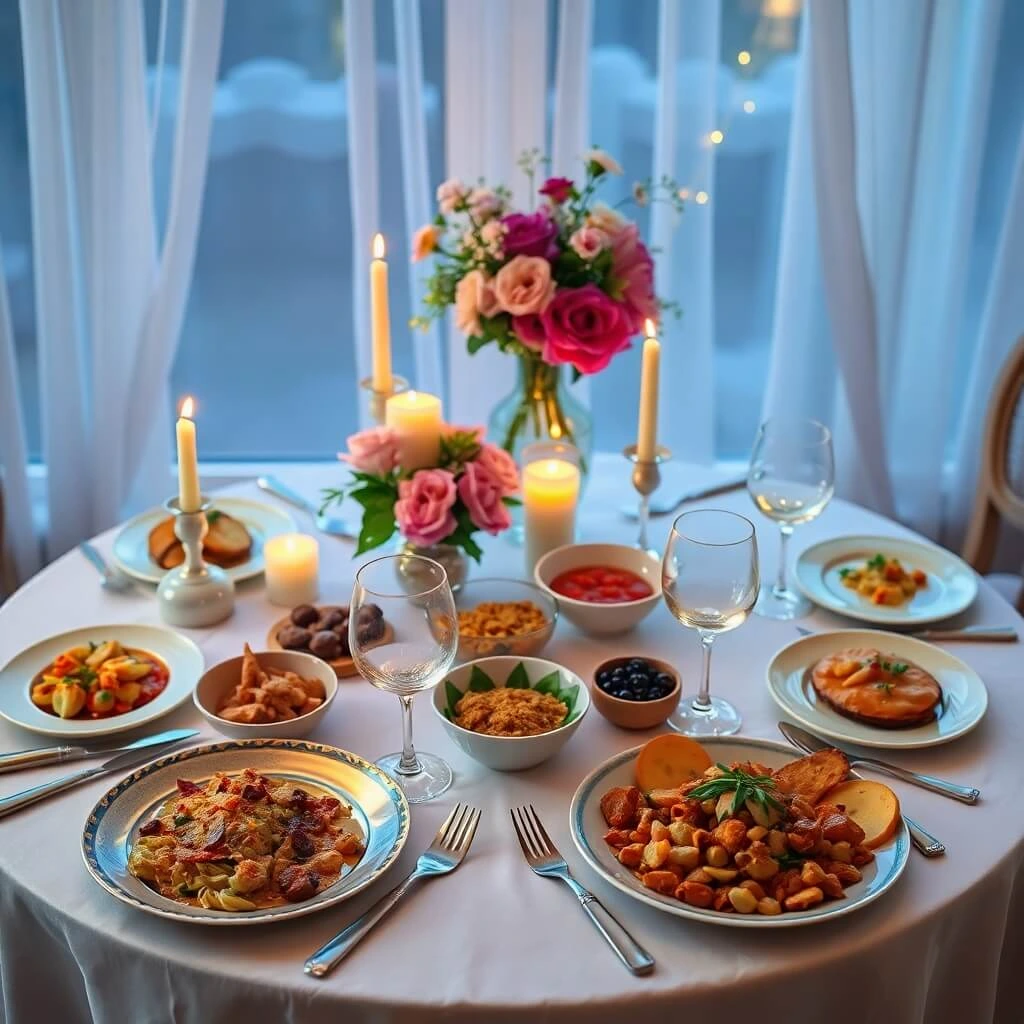 Romantic candlelit dinner table setup for two with an elegant assortment of dishes, wine glasses, and floral centerpiece.