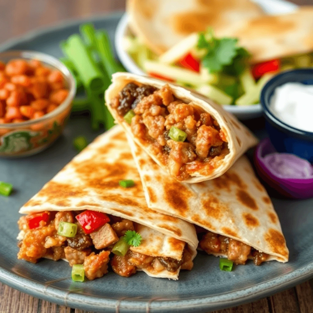 A delicious and savory plate of steak fajita quesadillas, garnished with fresh cilantro, sliced radishes, lime wedges, and served with salsa and sour cream.