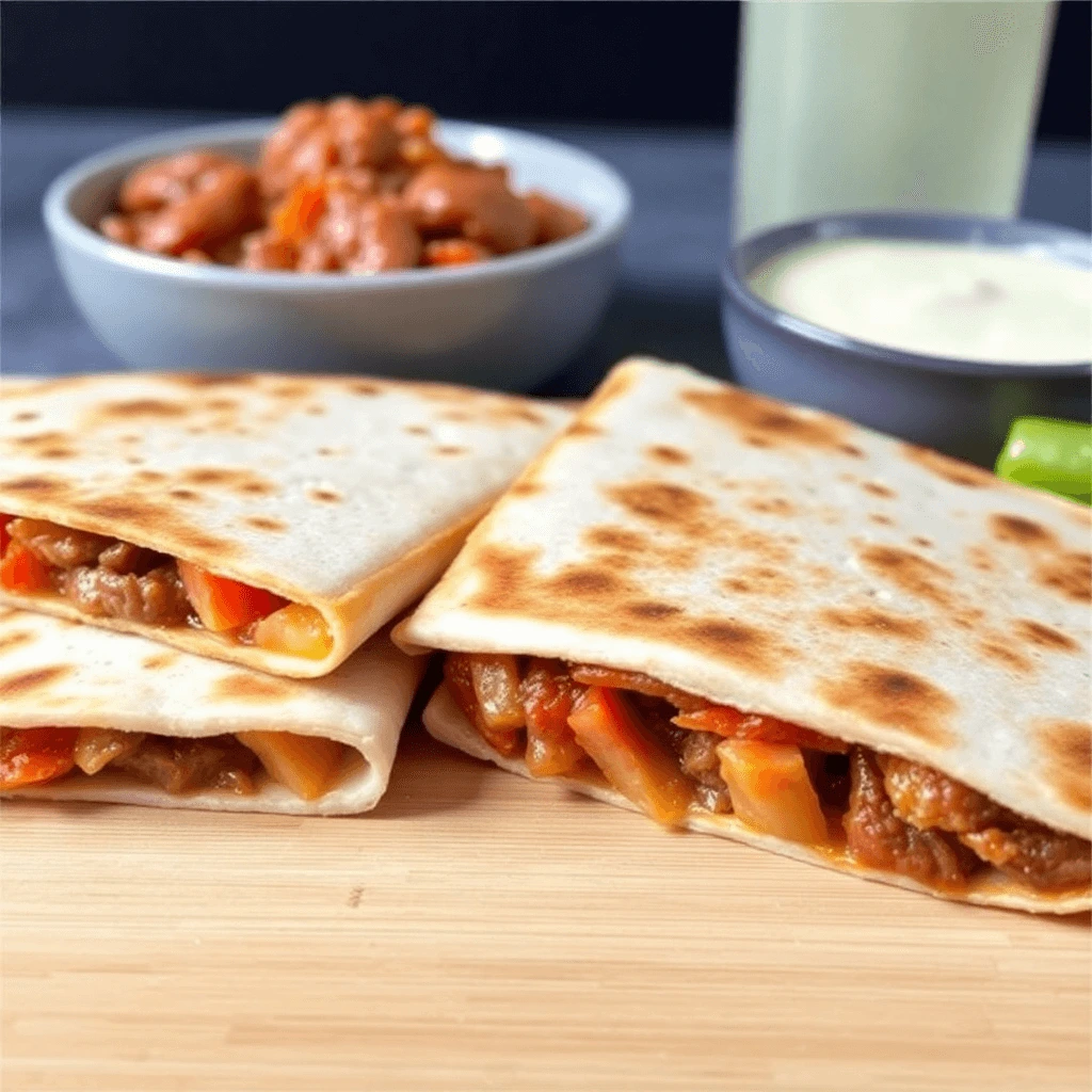 A mouthwatering plate of steak fajita quesadillas, garnished with fresh cilantro and served with salsa and sour cream.