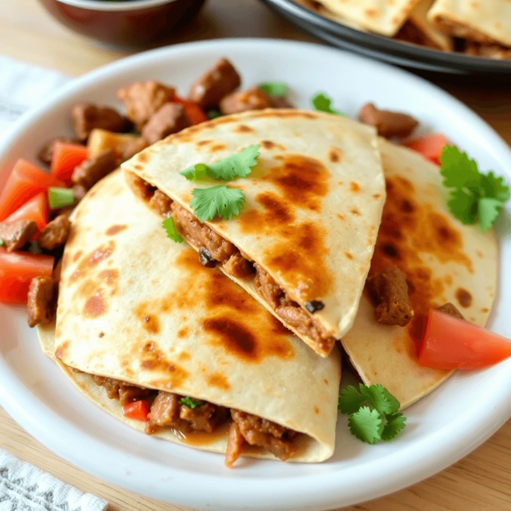 Close-up of steak fajita quesadillas served on a white plate with fresh cilantro and diced tomatoes.