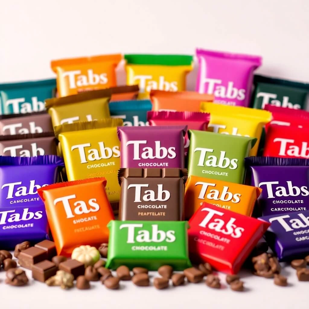 An assortment of colorful Tabs Chocolate bars neatly arranged on a rustic wooden table.