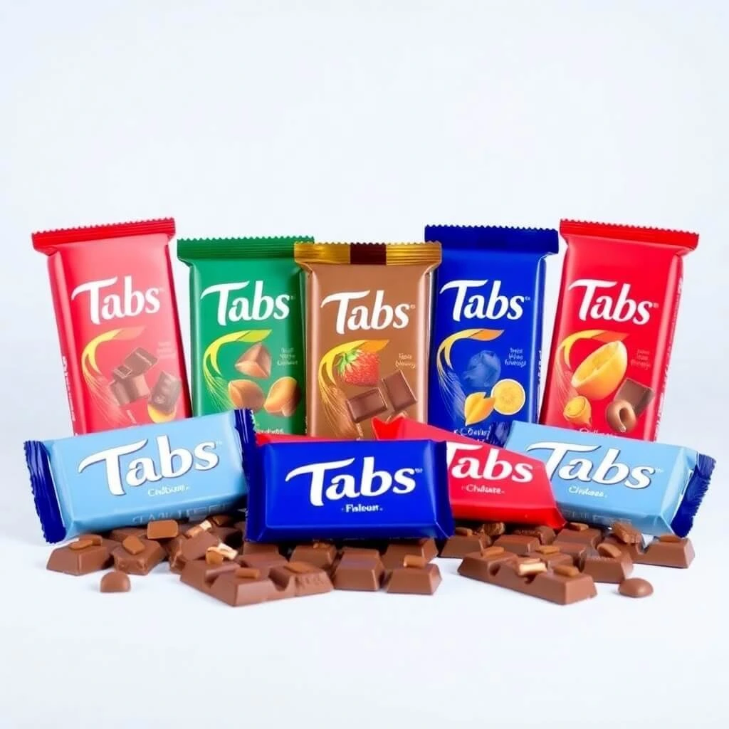 Assorted Tabs Chocolate bars in various flavors with scattered chocolate pieces in front.