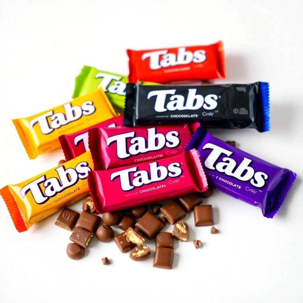 Various flavors of Tabs Chocolate bars displayed on a wooden table.