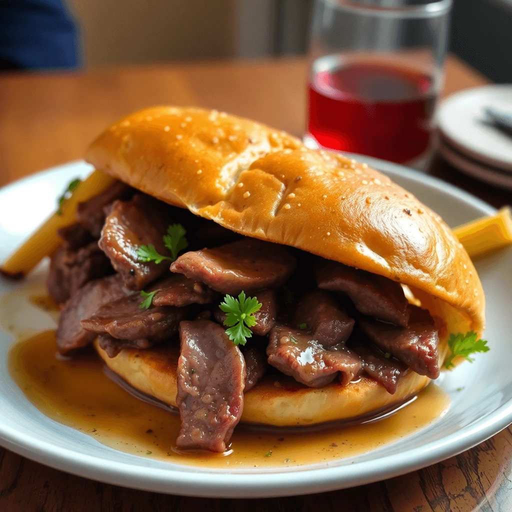 A gourmet beef sandwich with tender, saucy beef slices inside a toasted sesame bun, garnished with fresh parsley, served on a white plate with a side of fries and a glass of red wine.