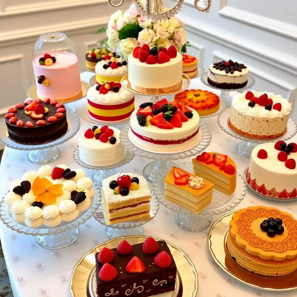 An elegant dessert table featuring a variety of beautifully decorated cakes, including chocolate, fruit-topped, and layered creations on glass stands.