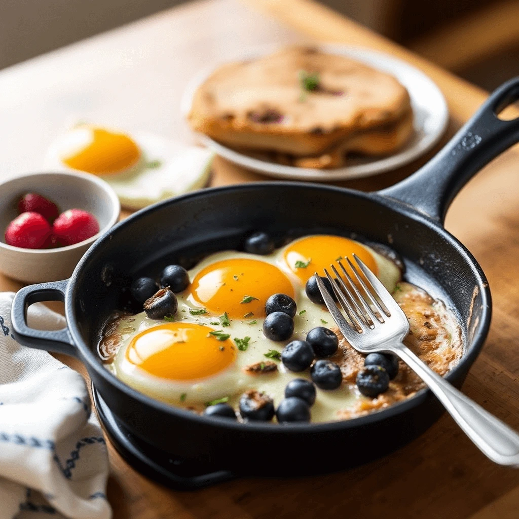 A skillet breakfast featuring sunny-side-up eggs, fresh blueberries, and garnished herbs, with pancakes and fruit in the background.