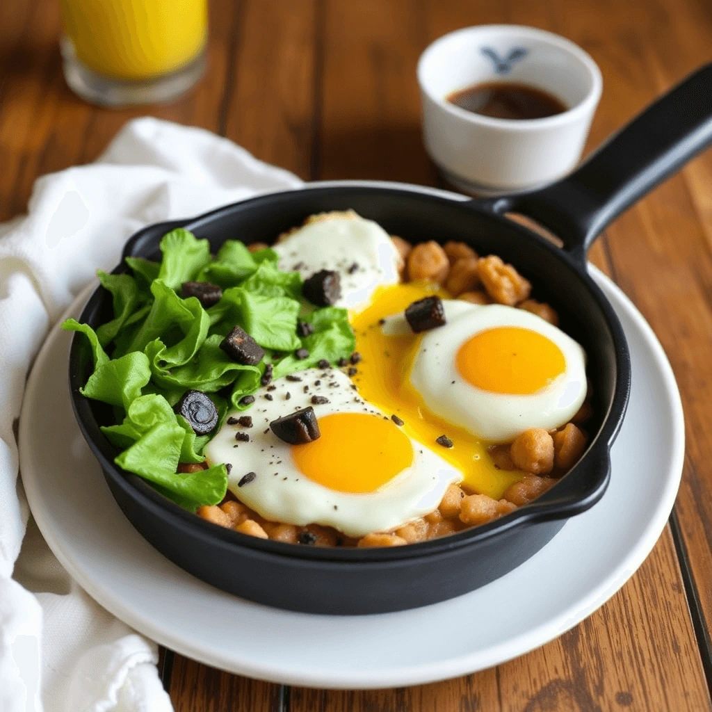 A sizzling breakfast spread on a Blackstone grill, showcasing scrambled eggs, crispy bacon, pancakes, and sausage, all cooked to perfection.