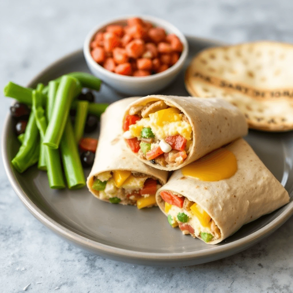 Colorful breakfast wrap filled with scrambled eggs, vegetables, and cheese, served on a wooden plate