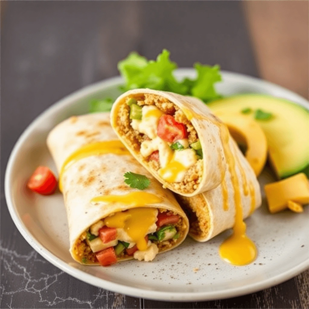 Close-up of a breakfast burrito cut in half, filled with eggs, vegetables, and cheese, served on a plate with avocado slices and garnish.