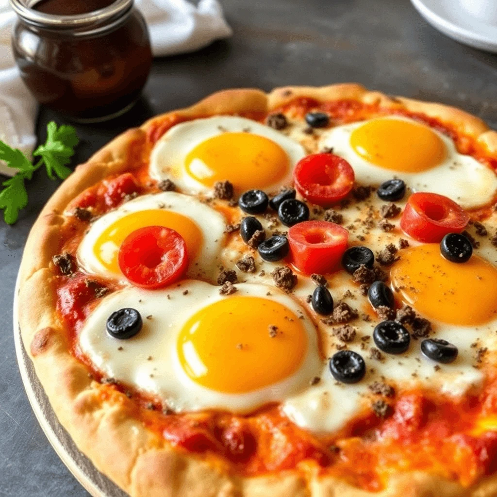 Homemade breakfast pizza topped with sunny-side-up eggs, cherry tomatoes, black olives, and crumbled sausage on a crispy crust.