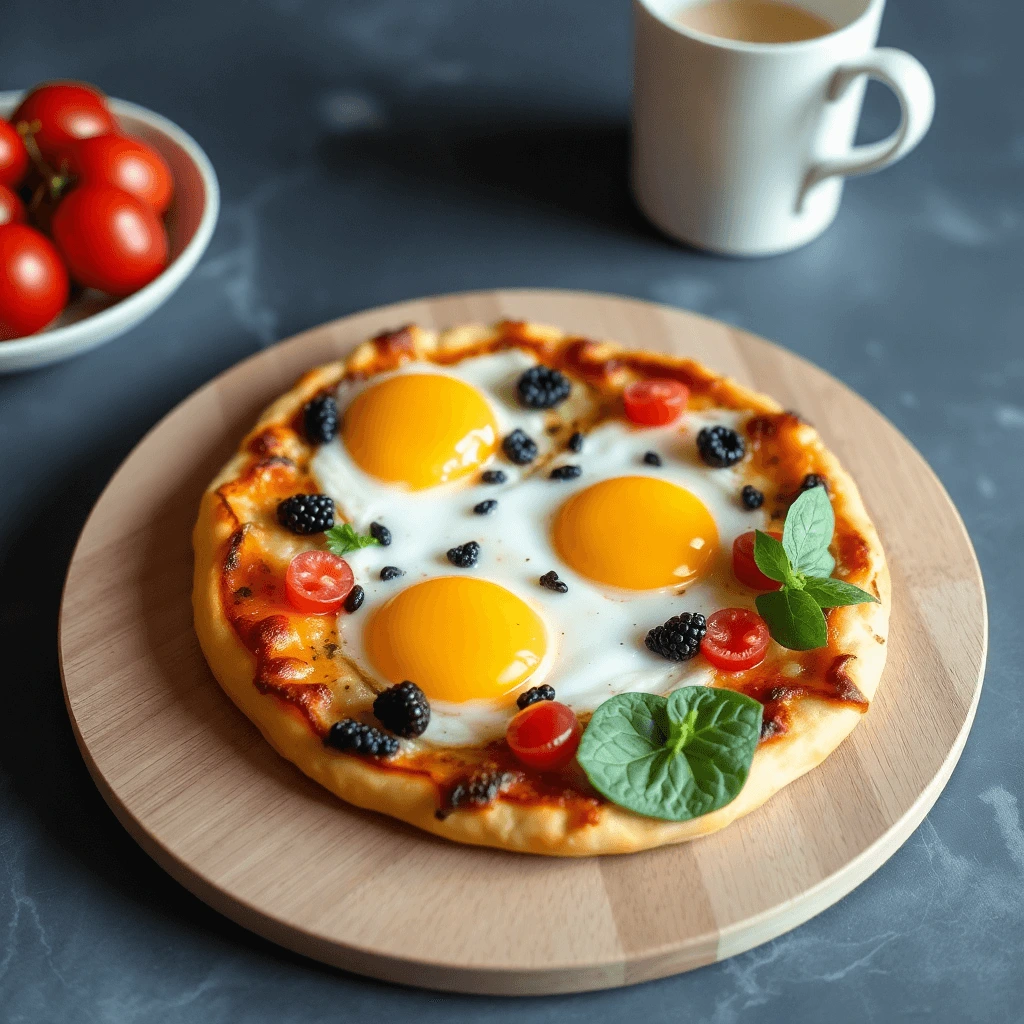 Easy breakfast pizza topped with scrambled eggs, cheese, and vegetables on a crispy crust.