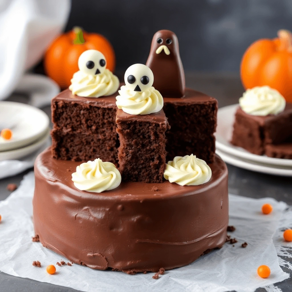 A spooky Halloween chocolate cake covered in glossy chocolate ganache, decorated with ghost and skull-shaped toppings made from chocolate and frosting.