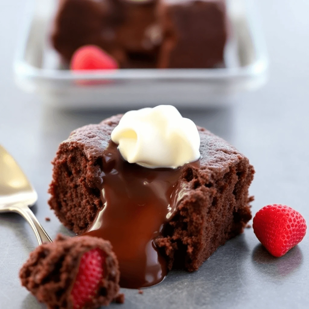 Close-up of a chocolate lava cake with molten chocolate center, topped with whipped cream and served with fresh strawberries.